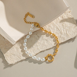 Модные браслеты из пластикового жемчуга и овальных бусин из нержавеющей стали 304 для женщин UP6693