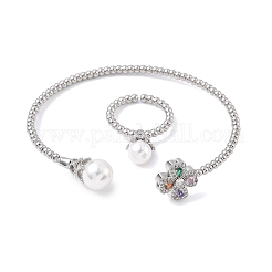 Комплекты колец и браслетов-манжет с клевером из латуни с микропаве из кубического циркония для женщин SJEW-R002-02P-01