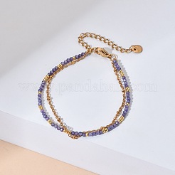 Bracelet à double rang en acier inoxydable 304 doré avec zircon cubique rond à facettes pour femme&nbsp;PW9964-3