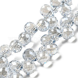 Electroplate transparentes abalorios de vidrio hebras, lustre de la perla chapado, facetados, lágrima, Alice azul, 6x5x5mm, agujero: 0.8 mm, aproximamente 108 pcs / cadena, 16.14'' (41 cm)