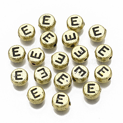 Perles acryliques plaquées, trou horizontal, plat rond avec la lettre, plaqué or, noir, letter.e, 7x4mm, Trou: 1.2mm, environ3600 pcs / 500 g.