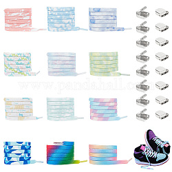 PandaHall Elite 12 Sets 12 Colors Elastic Polyester Cord No Tie Shoelace, Tie-Dye Flat Shoe Laces, with Stainless Steel Clips, Mixed Color, Lace: 1000x7.5x1mm, Clips: 10x9x8mm, 1 set/color