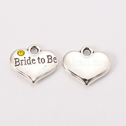 Wedding Theme Antique Silver Tone Tibetan Style Heart with Bride to Be Rhinestone Charms, Cadmium Free & Lead Free, Citrine, 14x16x3mm, Hole: 2mm