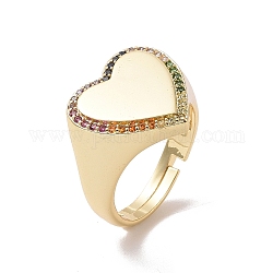 Colorful Cubic Zirconia Heart Adjustable Ring, Brass Signet Ring for Women, Cadmium Free & Lead Free, Real 18K Gold Plated, US Size 6 1/4(16.7mm)