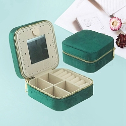 Cajas cuadradas con cremallera para almacenamiento de joyas de terciopelo de 2 nivel con espejo en el interior, Estuche organizador de joyas de viaje portátil para anillos., pendientes, collares, almacenamiento de pulseras, verde, 10x10x5 cm