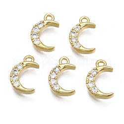 Brass Micro Pave Clear Cubic Zirconia Charms, Nickel Free, Moon, Real 18K Gold Plated, 12x8x2mm, Hole: 1.2mm