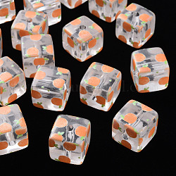 Прозрачные акриловые шарики печатных, квадрат с фруктовым узором, оранжевый узор, 16x16x16 мм, отверстие : 3 мм