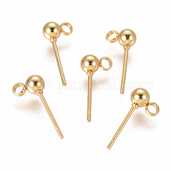 Componentes de oreja de 304 acero inoxidable, con bucle, bola, real 18k chapado en oro, 15x4mm, agujero: 1.5~2 mm, pin: 0.8 mm
