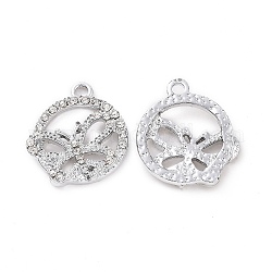 Alloy Crystal Rhinestone Pendants, Flat Round with Butterfly Charms, Platinum, 21x18.5x3.5mm, Hole: 2mm