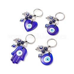 Porte-clés en lapis-lazuli naturel et perles d'eau douce, porte-clés mauvais œil, avec accessoires en 304 acier inoxydable, coeur et larme et plat rond et main hamsa, Modèles mixtes, 7.3~9.2 cm