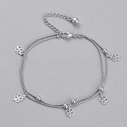Brass Multi-Strand Anklets, with Ball Chains, Round Beads and Bell Charm, Clover, Platinum, 8-3/4 inch(22.1cm)