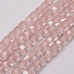 Hilos de cuentas de vidrio transparente, cubo, facetados, rosa, 4x4x4mm, agujero: 1 mm, aproximamente 100 pcs / cadena, 16.5 pulgada