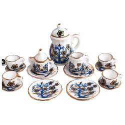 Mini-Teeservice aus Keramik, inklusive Teekannen, Teetassen, Gerichte, für Puppenstubenzubehör, vorgetäuschte Requisitendekorationen, dunkelblau, 15~40x15~28 mm