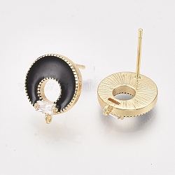 Real 18K Gold Plated Brass Enamel Stud Earring Findings, with Cubic Zirconia and Loop, Nickel Free, Flat Round, Clear, Black, 13.5x11.5mm, Hole: 0.9mm, Pin: 0.8mm