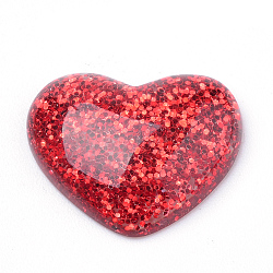 Cabochons in resina, con polvere di scintillio, cuore, rosso, 14x16x5mm