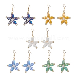 Glass Pearl & Synthetic Hematite Beaded Flower Dangle Earrings, Golden 304 Stainless Steel Wire Wrap Jewelry for Women, Mixed Color, 54.5mm, Pin: 0.7mm