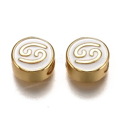 Brass Beads, with Enamel, Flat Round with Constellation, Real 18K Gold Plated, White, Cancer, 10x5mm, Hole: 4.5x2.5mm