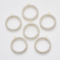 ABS Plastic Imitation Pearl Pendants, with Alloy Cabochon Settings, Round Ring, Golden, 31.5x28.5x4.5mm, Hole: 1.8mm