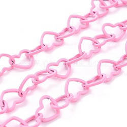 Spritzlackierte Herzgliederketten aus Messing, mit Spule, ungeschweißte, Perle rosa, 15.5x19x2 mm, 32.8 Fuß (10m)/Rolle