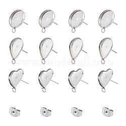 Unicraftale 304 Stainless Steel Stud Earring Settings, with Loop & Ear Nuts, Earring Backs, Mixed Shape, Stainless Steel Color, 60pcs/box