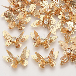 Латунные филигранные подвески, с кристально горный хрусталь, 3 d бабочка, золотой свет, 12x20x4~7 мм, отверстие : 1.2 мм
