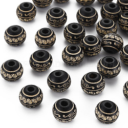 Perles de bois naturel peintes, rond avec motif de feuille gravé au laser, noir, 10x9mm, Trou: 2.5mm