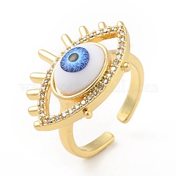 Cubic Zirconia Sun with Evil Eye Open Cuff Ring with Enamel, Real 18K Gold Plated Brass Jewelry for Women, Cadmium Free & Lead Free, Blue, US Size 6(16.5mm)