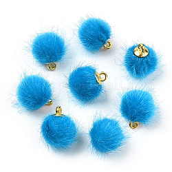 Faux Mink Fur Covered Charms, with Golden Tone Brass Findings, Round, Blue, 12~14x10mm, Hole: 1.5mm