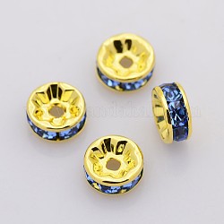 Brass Rhinestone Spacer Beads, Grade A, Straight Flange, Golden Metal Color, Rondelle, Light Sapphire, 6x3mm, Hole: 1mm