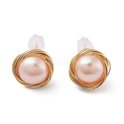 Natural Pearl Flat Round Stud Earrings, Brass Earrings with 925 Sterling Silver Pins, Real 14K Gold Plated, 10.5x11mm