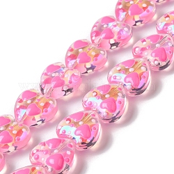 Perles en verre à la main brins, avec l'émail, cœur, rose chaud, 11~12x12~12.5x6~6.5mm, Trou: 0.6mm, Environ 30 pcs/chapelet, 13.27'' (33.7 cm)