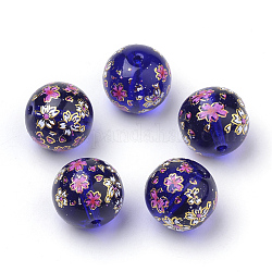 Perles en verre imprimées, ronde avec motif de fleurs, bleu minuit, 10x9mm, Trou: 1.5mm
