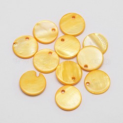 Dyed Shell Flat Round Pendant, Gold, 13x2mm, Hole: 1mm, about 500pcs/bag