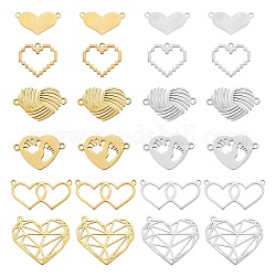 12Pcs 12 Style 201 Stainless Steel Connector Charms & Pendants, Heart, Gunmetal & Golden, 9.5~23x18~26.5x1mm, Hole: 1.4mm, 1Pc/style