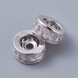 Perles en laiton, avec de la zircone cubique clair, Plaqué longue durée, colonne, platine, 8x3.5mm, Trou: 1.6mm