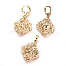 Brass Micro Pave Cubic Zirconia Jewelry Sets, Pendant and Earrings, Long-Lasting Plated, Rhombus, Real 24K Gold Plated, 34.5mm, Hole: 4.5x6mm, 41mm, Pin: 1mm