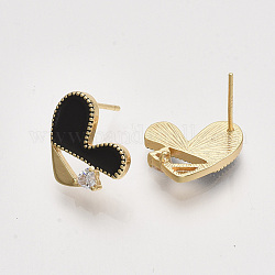 Brass Enamel Stud Earring Findings, with Cubic Zirconia and Loop, Real 18K Gold Plated, Nickel Free, Heart, Clear, Black, 11.5x14mm, Hole: 0.8mm, Pin: 0.8mm