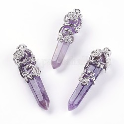 Natural Amethyst Big Pointed Pendants, with Platinum Plated Brass Findings, Bullets, 55~60x16mm, Hole: 5x8.5mm