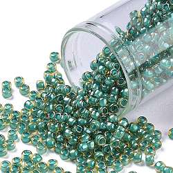 Toho perles de rocaille rondes, Perles de rocaille japonais, (953) couleur intérieure jonquil / doublée turquoise, 8/0, 3mm, Trou: 1mm, environ 222 pcs/10 g