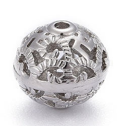 Messing filigranen Perlen, langlebig plattiert, hohl, Runde, Platin Farbe, 10x9.5 mm, Bohrung: 1 mm