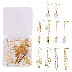 DIY Ohrring machen Kits, inklusive Messing-Ohrhaken & Ohrstecker, pearlized Glasperlen runde Perlen, Alu & Abs Kunststoffimitat Perlenanhänger, Zubehör aus Eisen, golden