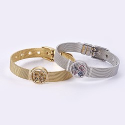 Bracelets unisexes de bande de montre en 304 acier inoxydable, avec breloques coulissantes en laiton à micro-pavé de zircons cubiques, plat et circulaire avec le mot amour, couleur mixte, 8-5/8 pouce (21.8 cm), 10mm