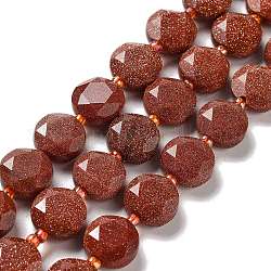 Chapelets de perles en goldstone synthétique, avec des perles de rocaille, coupe hexagonale facettée, plat rond, 12~12.5x5~6mm, Trou: 1.2~1.4mm, Environ 27~29 pcs/chapelet, 15.55~15.75 pouce (39.5~40 cm)