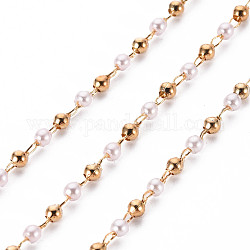 Cadenas de cuentas de latón hechas a mano, con cuentas de perlas de imitación de plástico abs, soldada, carrete, redondo, real 18k chapado en oro, 2mm, aproximadamente 16.4 pie (5 m) / rollo