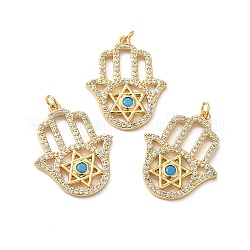 Rack Plating Brass Pave Cubic Zirconia Pendants, with Glass & Jump Ring, Lead Free & Cadmium Free, Real 18K Gold Plated, Long-Lasting Plated, Hamsa Hand with Star of David Pattern Charm, Clear, 27.5x22x3mm, Hole: 3.4mm