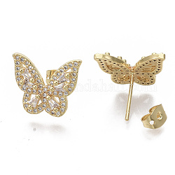 Brass Micro Pave Clear Cubic Zirconia Stud Earrings, with Earring Backs, Nickel Free, Butterfly, Real 16K Gold Plated, 13.5x16mm, Pin: 1mm