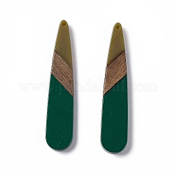 Gros pendentifs en résine opaque et bois de noyer, charmes de larme, vert foncé, 53.5x11x3.5mm, Trou: 1.4mm