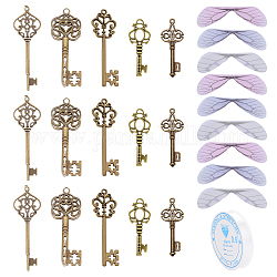 SUNNYCLUE Skeleton Key Charm DIY Jewelry Making Kit for Crafts Gifts, Including Alloy Pendants, Organza Fabric Wings, Clear Elastic Crystal Thread, Antique Bronze, 55pcs/set