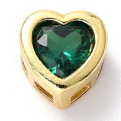 Encantos de diapositivas de circonita cúbica con incrustaciones de latón, real 18k chapado en oro, corazón, verde oscuro, 6.5x6.5x4mm, agujero: 0.8x2 mm