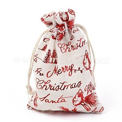 Sac en tissu en coton à thème de noël, sacs à cordonnet, pour les ornements de cadeau de collation de fête de noël, Motif à thème de Noël, 14x10 cm